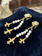Load image into Gallery viewer, Vintage Circa 1980s 1990s Signed GIVENCHY Paris New York Gold Tone &amp; Faux Pearl Fleur de Lis Dangle Clip-on Earrings Rare

