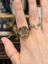 Load image into Gallery viewer, Vintage Midcentury Signed VARGAS 18K HGE Electroplate Gold Tone Large Faceted Smokey Grey Glass Cocktail Ring High Setting US 7 1/2
