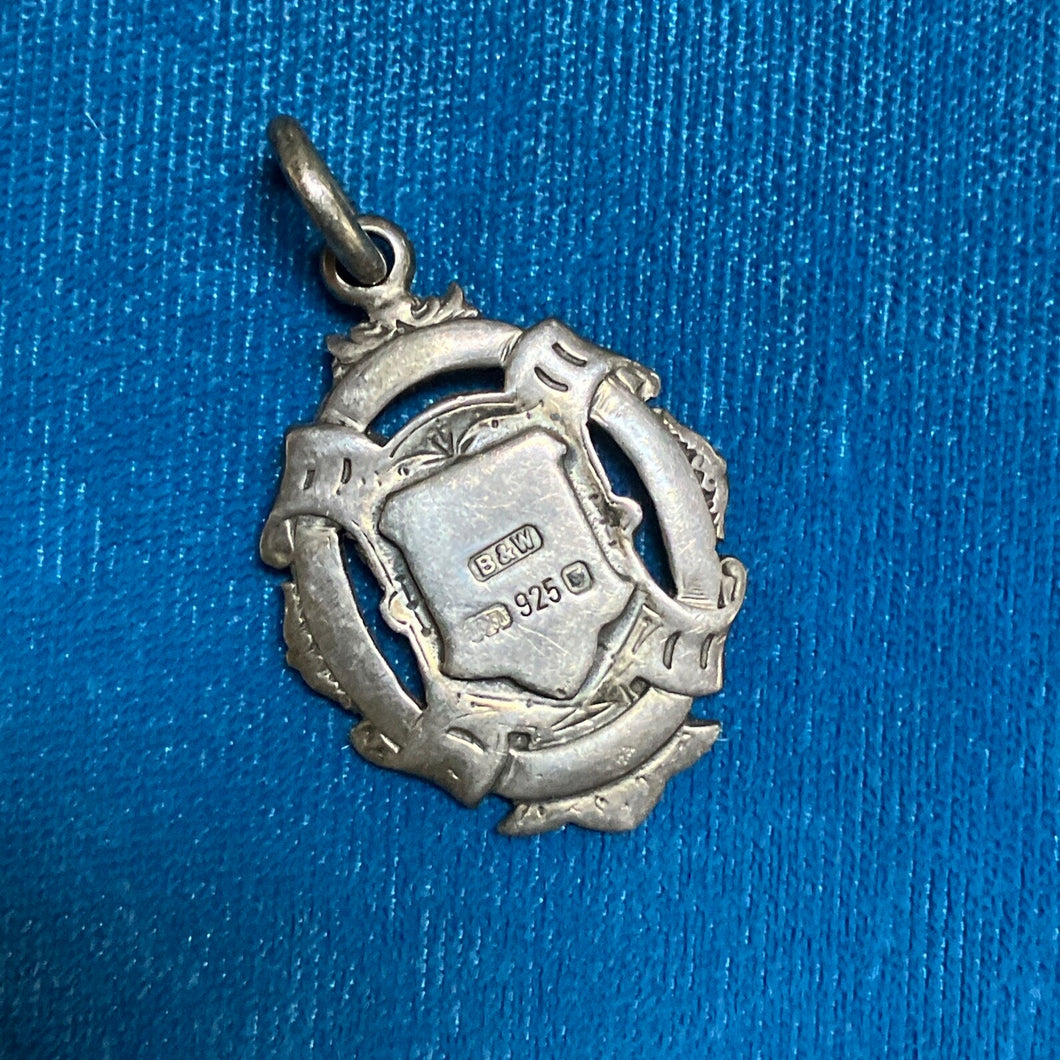 Antique Sterling Silver Fob Engraved Shield Medal Tag Pendant Crest Vintage B&W