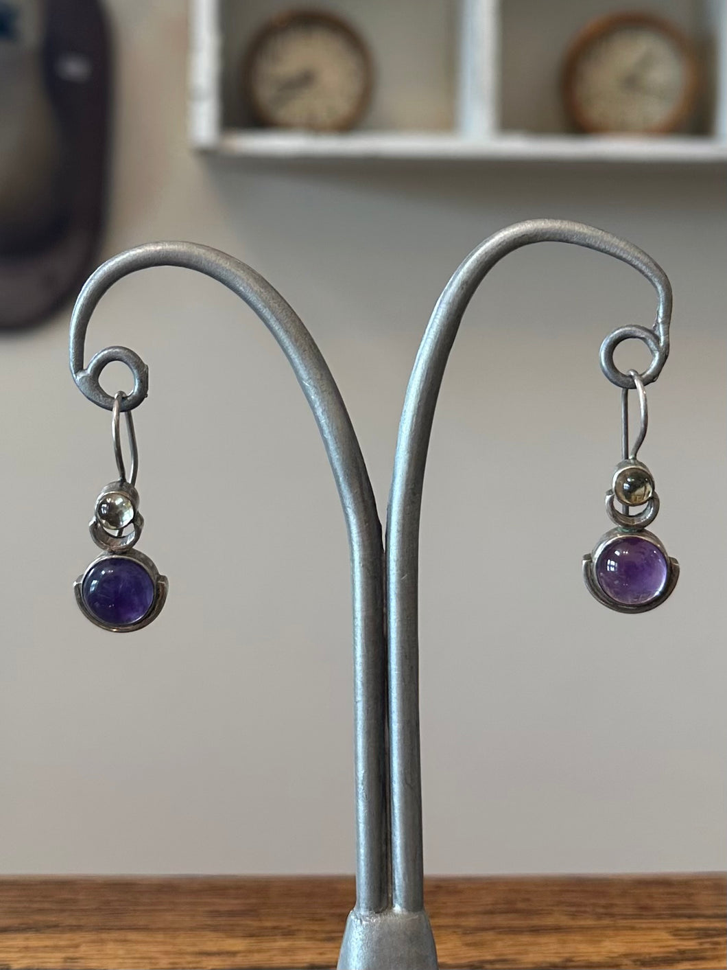 Vintage Sterling Silver Amethyst & Clear Quartz Cabochon Dangle Drop Earrings
