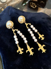 Load image into Gallery viewer, Vintage Circa 1980s 1990s Signed GIVENCHY Paris New York Gold Tone &amp; Faux Pearl Fleur de Lis Dangle Clip-on Earrings Rare
