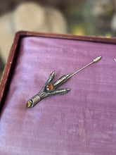 Load image into Gallery viewer, Vintage R118 Silver Tone Scottish Mizpah Grouse Claw Stickpin Brooch with Faceted Orange and Yellow Glass Stones
