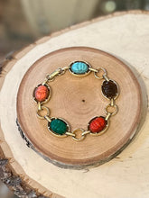 Load image into Gallery viewer, Vintage Gold Tone Pressed Glass Multi Color Scarab Beetle Bracelet Oval Links
