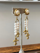Load image into Gallery viewer, Vintage Circa 1980s 1990s Signed GIVENCHY Paris New York Gold Tone &amp; Faux Pearl Fleur de Lis Dangle Clip-on Earrings Rare
