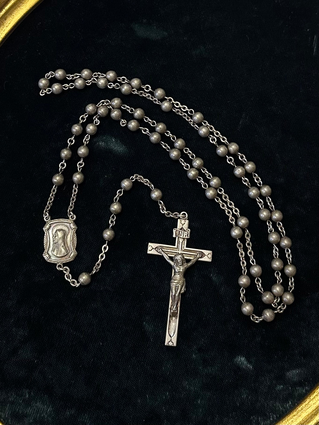 Vintage Art Deco 1940s Signed SWIFT & FISHER All Sterling Silver Bead 21” Rosary Engraved F. Wuensch ‘48 Religious