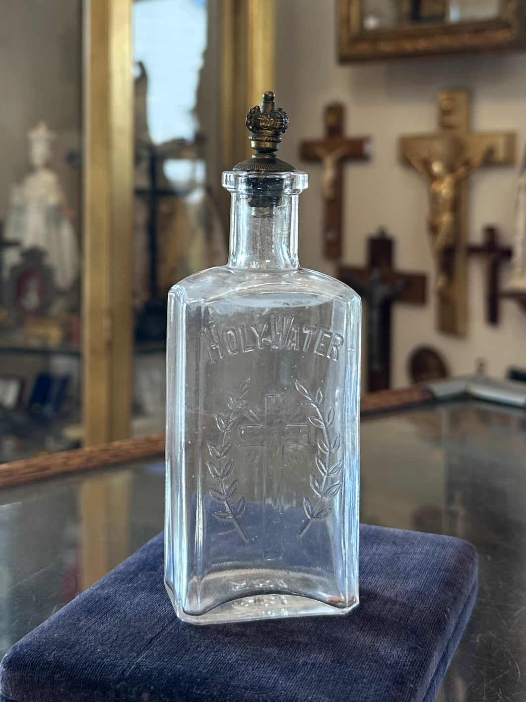 Antique 1910s Edwardian Clear Glass Holy Water Bottle Cross & Leaves with Metal Crown Cap 6” Tall