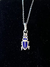Load image into Gallery viewer, Vintage Sterling Silver &amp; Blue Enamel Scarab Beetle Pendant Necklace Long 24.5” Layering
