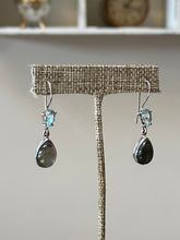 Load image into Gallery viewer, Vintage Sterling Silver Genuine Labradorite Cabochon Teardrop &amp; Faceted Blue Aquamarine Glass Dangle Earrings
