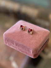 Load image into Gallery viewer, Vintage 1980s Signed GIVENCHY Square Gold Tone Pink &amp; Purple Faceted Crystal Stud Earrings
