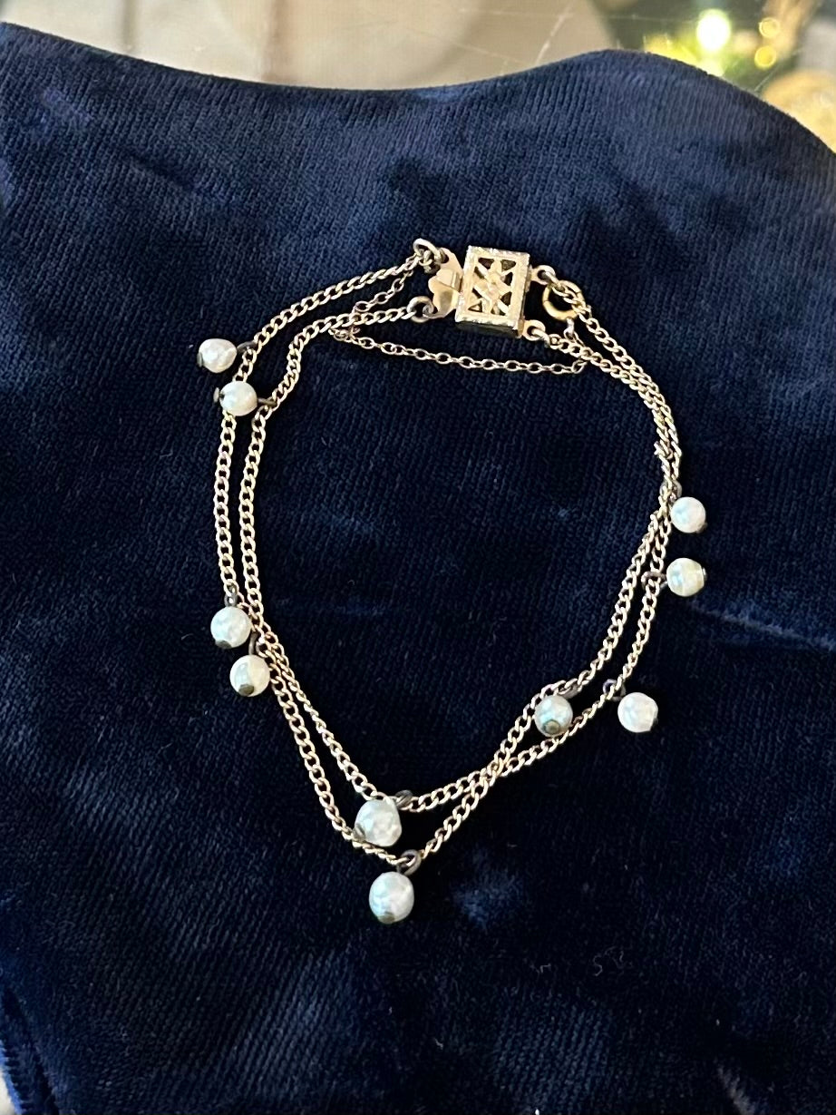 Vintage Circa 1940s Hallmarked HERTZBERG 1/20 14K GF Gold Filled & Pearl Dainty Necklace or Bracelet Midcentury