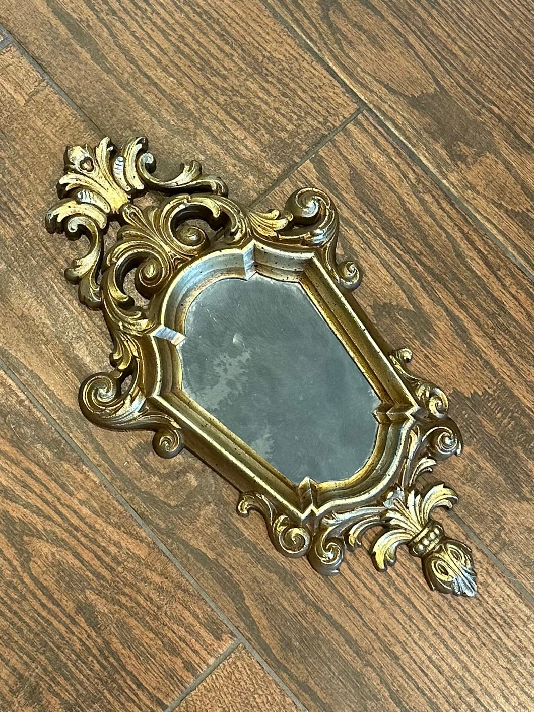Vintage Midcentury Hollywood Regency Ornate Gold Burwood Products Co. Arabesque Louis XV Smoked Glass Wall Mirror 16x8.75”