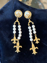Load image into Gallery viewer, Vintage Circa 1980s 1990s Signed GIVENCHY Paris New York Gold Tone &amp; Faux Pearl Fleur de Lis Dangle Clip-on Earrings Rare
