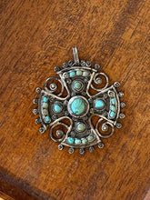 Load image into Gallery viewer, Vintage JGD Matl Mexican Sterling Silver Genuine Turquoise Cross Amulet Pendant
