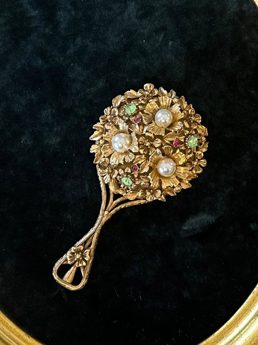 Vintage Midcentury Signed FLORENZA Gold Tone Floral Vanity Mirror Embellished with Green & Pink Rhinestones and Faux Pearls