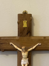 Load image into Gallery viewer, Vintage Olive Wood Crucifix with Ex. S. Rupe Calvarii Relic Reliquary Jerusalem Stations of the Cross
