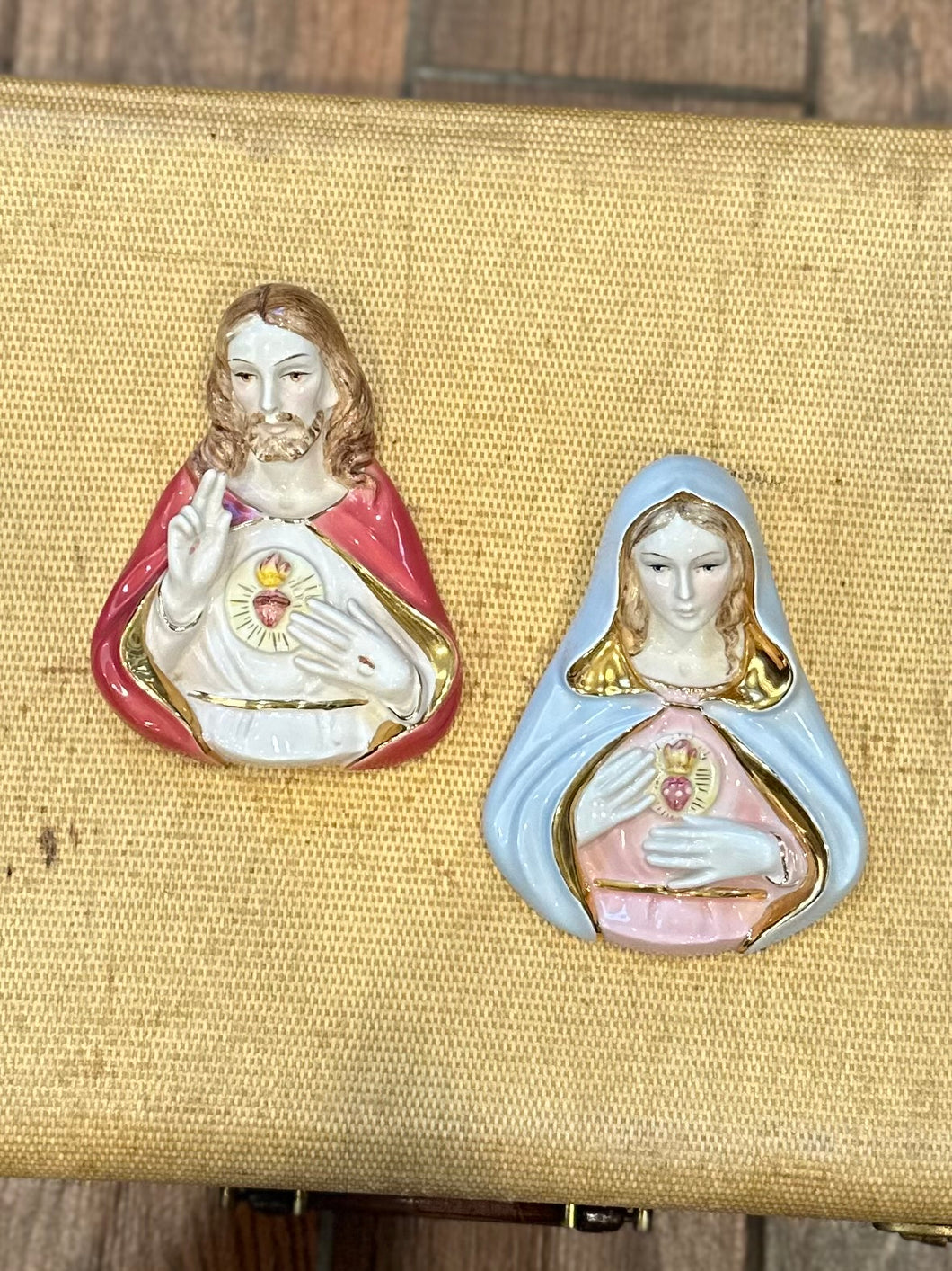 Pair of Vintage Midcentury Italian Ceramic Jesus & Virgin Mary Sacred Heart Busts Wall Hangings Made in Italy for L.B. New York