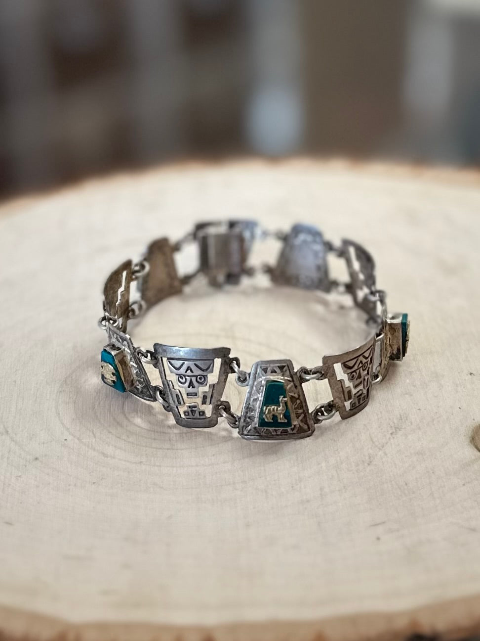 Vintage 925 Sterling Silver Mayan Chrysocolla & Gold Accent Chain Link Bracelet 7” Llama