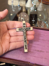 Load image into Gallery viewer, Vintage Nickel Silver &amp; Ebony Crucifix Pendant Skull Crossbones Sacred Heart Religious
