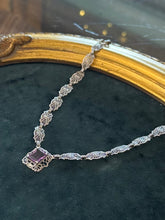 Load image into Gallery viewer, Art Deco Revival Signed Lauren Taylor Sterling Silver Filigree Faux Amethyst Necklace
