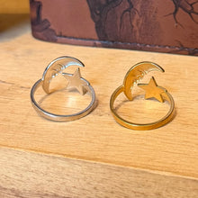Load image into Gallery viewer, Crescent Man in the Moon &amp; Star Rings | Adjustable | Gold Tone or Silver Tone
