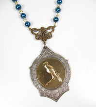 Load image into Gallery viewer, ‘SPIRIT ANIMAL’ Handmade Vintage Medal Necklace Songbird Finch Canary Bird Medallion Gold &amp; Blue Glass Bead Chain
