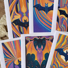 Load image into Gallery viewer, Box Set Of 8 Groovy Psychedelic Colorful Halloween Bat Cards: Brown Kraft Paper
