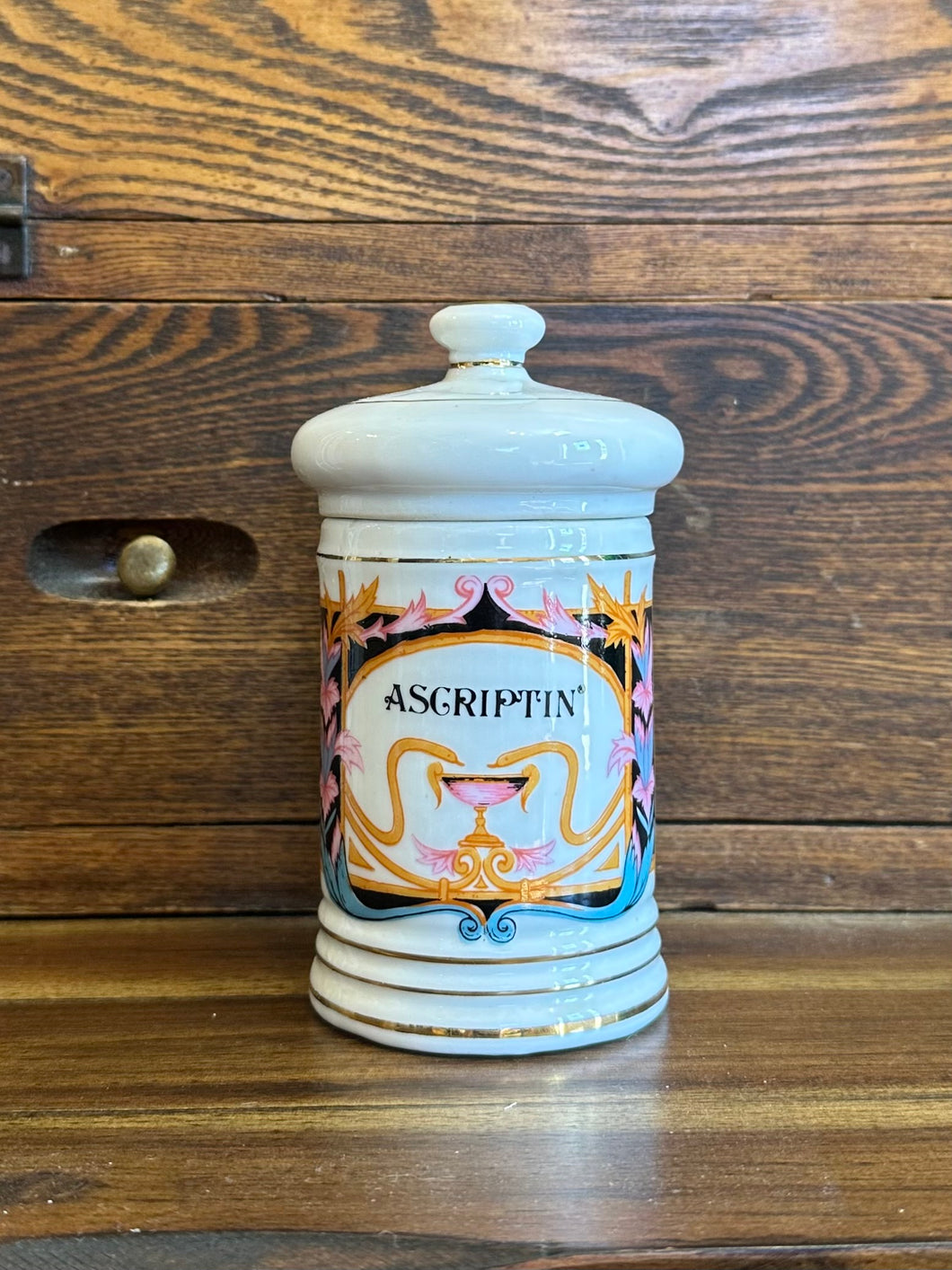 Vintage Porcelain Medicine Pharmacy APOTHECARY Jar w/ Lid Ascriptin 1940s Japan