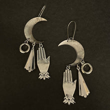Load image into Gallery viewer, Handmade Crescent Moon Heart Hand Rhinestone Dangle Earrings - Gypsy Heart

