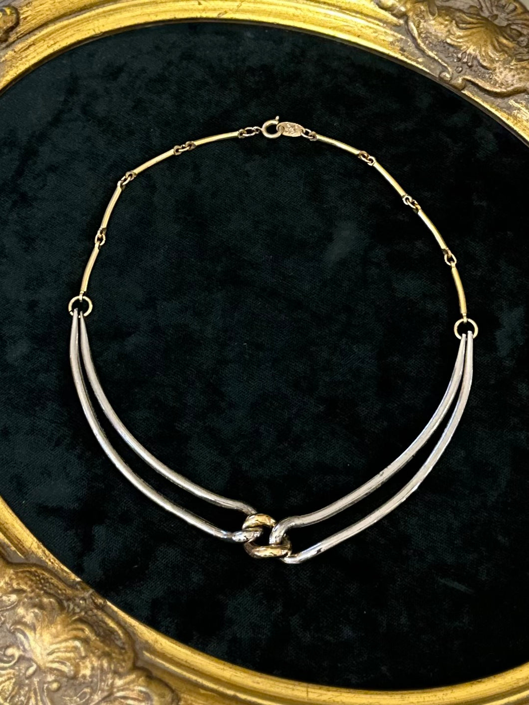 Vintage Circa 1980s Signed NAPIER Two Tone Silver & Gold Modernist Knot Choker Necklace 14.75”