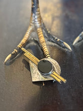 Load image into Gallery viewer, Vintage Signed AJV Sterling Silver &amp; Black Onyx Two Tone Modernist Geometric Brooch Pin
