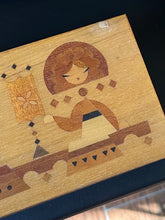 Load image into Gallery viewer, Vintage 1980s USSR Russian Wooden Marquetry Inlay “Three Girls Under the Window” Rectangular Hinged Box 11.9x4.9”
