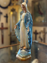 Load image into Gallery viewer, Vintage Iconic Virgin Mary Chalkware Statue 13.5” Blue Shroud Snakes Iridescent Sheen
