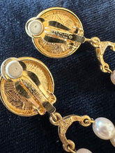 Load image into Gallery viewer, Vintage Circa 1980s 1990s Signed GIVENCHY Paris New York Gold Tone &amp; Faux Pearl Fleur de Lis Dangle Clip-on Earrings Rare
