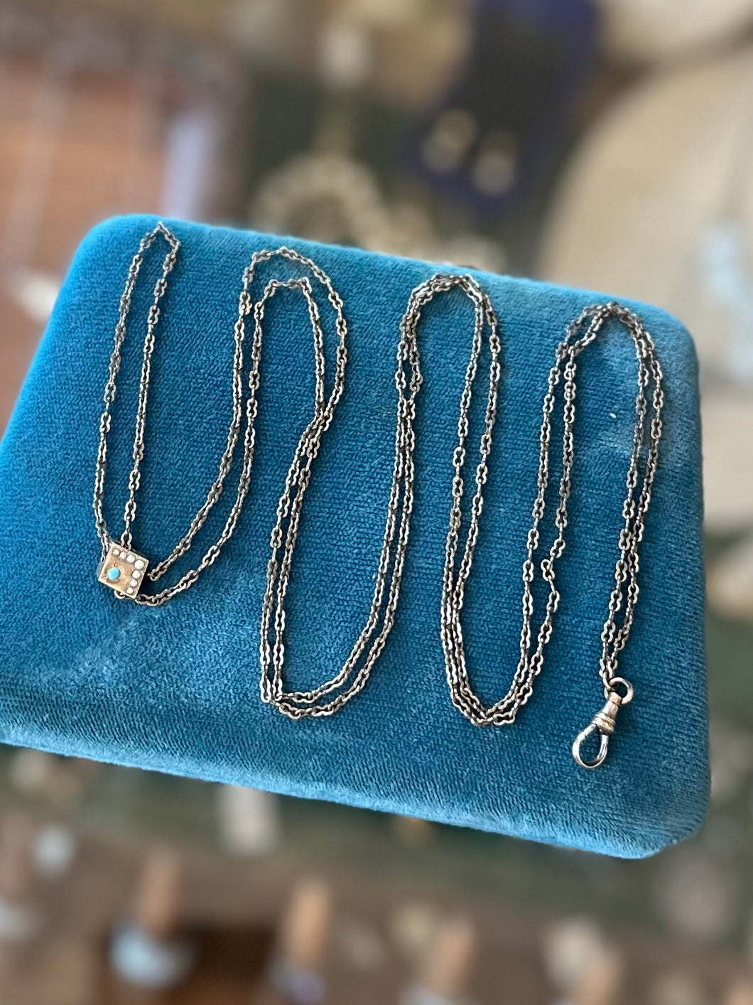 Antique Victorian Opal Seed Pearl Gold Filled Fob Slide Watch Chain Necklace 50”