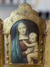 Load image into Gallery viewer, Beautiful Vintage Hand Crafted Gilded Wood Devotional Travel Icon Catholic Italian Florentine Triptych Religious Madonna and Child 7”
