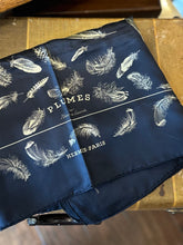 Load image into Gallery viewer, Vintage Designer Hermes Silk Scarf Black with Champagne Color Plumes H. Linares Bird Feather Pattern Made in France
