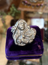 Load image into Gallery viewer, Antique Art Nouveau Repousse Silver Plated Sleeping Beauty Woman Nymph Floral Brooch Pin C-Clasp
