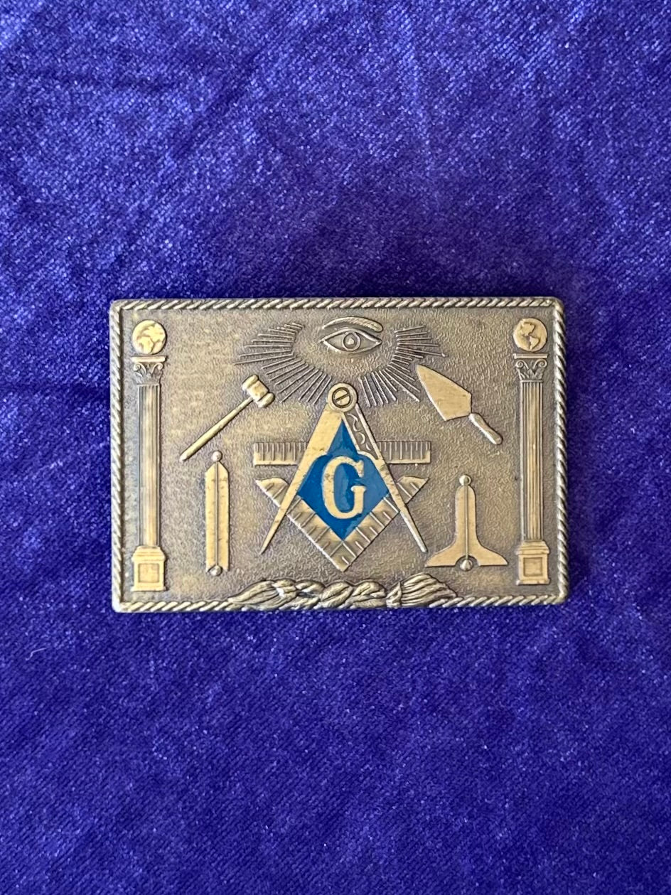 Vintage Signed KLITZNER USA Masonic Freemason Solid Brass Belt Buckle