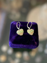 Load image into Gallery viewer, Signed GIVENCHY Gold Tone Lime Green &amp; Clear Crystal Rhinestone Heart Dangle Earrings
