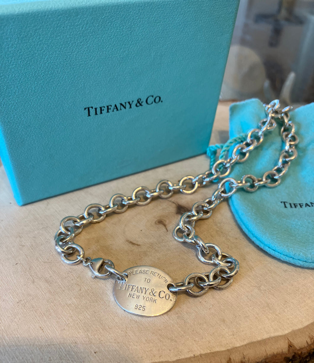 Please Return To TIFFANY & CO Tag Oval Link Sterling Silver Necklace Original Box and Pouch