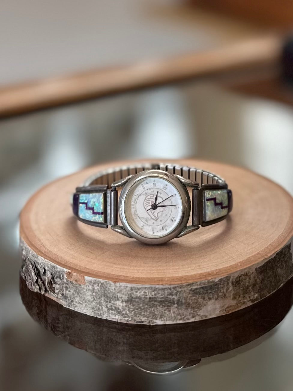 Vintage Zuni Native American Sterling Silver & Stainless Steel Opal and Purple Inlay Bear Face Women’s Wrist Watch