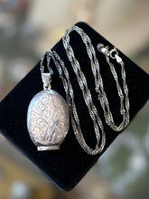 Load image into Gallery viewer, Vintage 925 Sterling Silver Floral Scroll Hand Etched Oval Locket Pendant Necklace 25.75”
