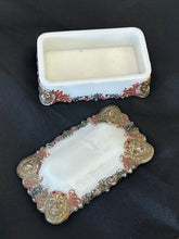 Load image into Gallery viewer, Antique Victorian Era Milk Glass with Ornate Lion Head Embellishment Jewelry Casket Lidded Dish
