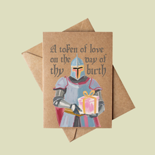 Load image into Gallery viewer, Funny Medieval Knight Birthday Card on Brown Kraft Paper
