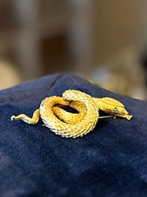 Load image into Gallery viewer, Vintage Midcentury Signed CAPRI Brushed Gold Tone Coiled Snake Brooch Green Rhinestone Eyes
