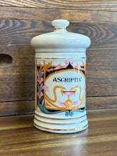 Load image into Gallery viewer, Vintage Porcelain Medicine Pharmacy APOTHECARY Jar w/ Lid Ascriptin 1940s Japan
