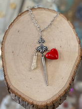 Load image into Gallery viewer, Handmade Vintage Talisman Silver Tone Necklace Red Puffy Heart Silver Dagger &amp; Figa Fist
