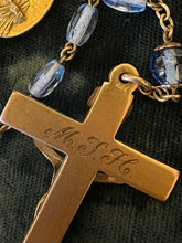 Load image into Gallery viewer, Antique Stamped XXX Triple Plated Gold Tone &amp; Blue Faceted Crystal Rosary Beads Crucifix Engraved Monogram MJH Art Deco 22&quot;
