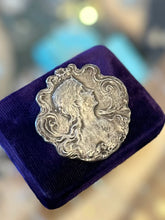 Load image into Gallery viewer, Vintage Art Nouveau Revival Repousse Silver Plated Woman Nymph Flowing Hair Floral Brooch Pin or Pendant
