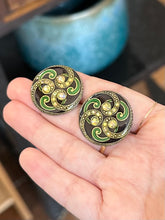 Load image into Gallery viewer, Vintage Signed CATHERINE POPESCO France Art Deco Art Nouveau Revival Purple &amp; Green Enamel with Rhinestone Brooch and Pierced Earrings Set
